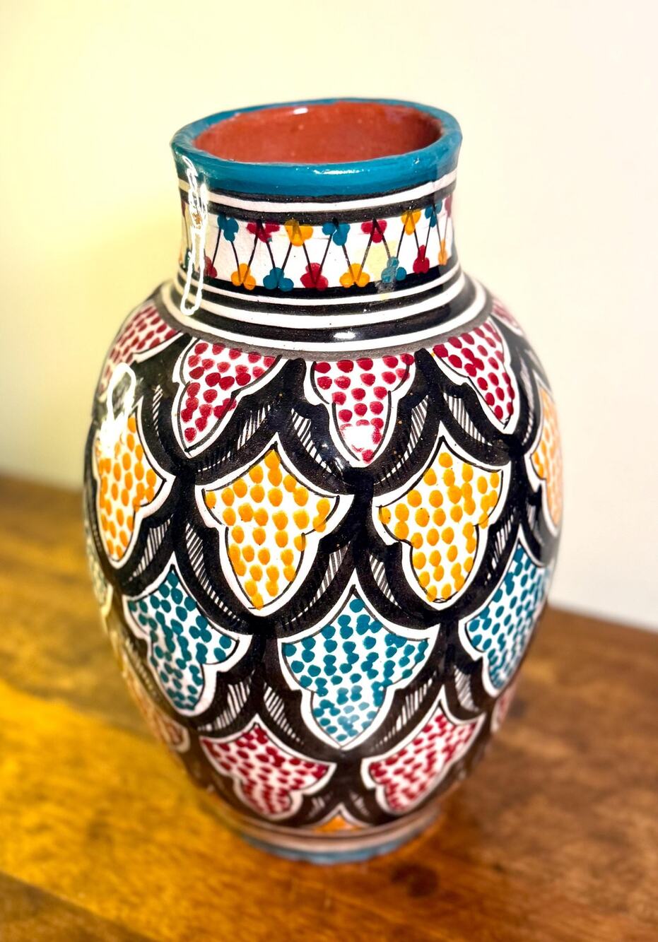 Hand-Painted Moroccan Vase | Safi Pottery with Multicolor Geometric Dot Pattern